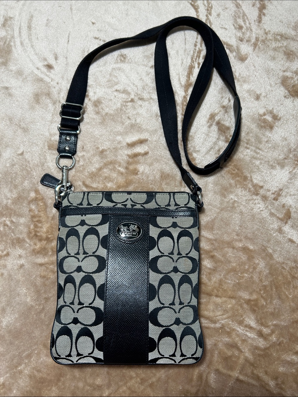 Coach Black and Gray Signature Crossbody with Leather Stripe